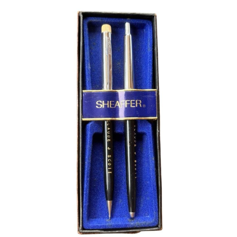 Vintage Sheaffer Pen Pencil Set Black Chrome Engraved Claude J Scott Boxed